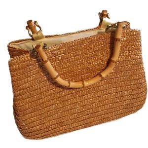 Vintage 100% Wheat Straw Ladies Handbag with Bamboo Handles